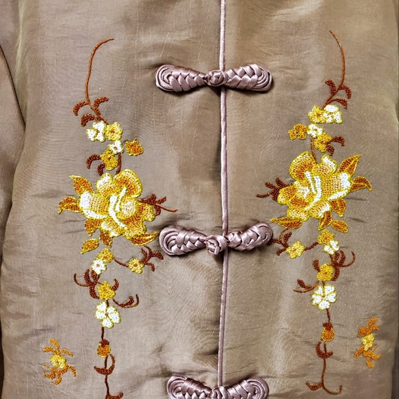 Chinese Tang Suit Jacket Embroidery Women Vintage Gold Taupe Bronze - Picture 5 of 13